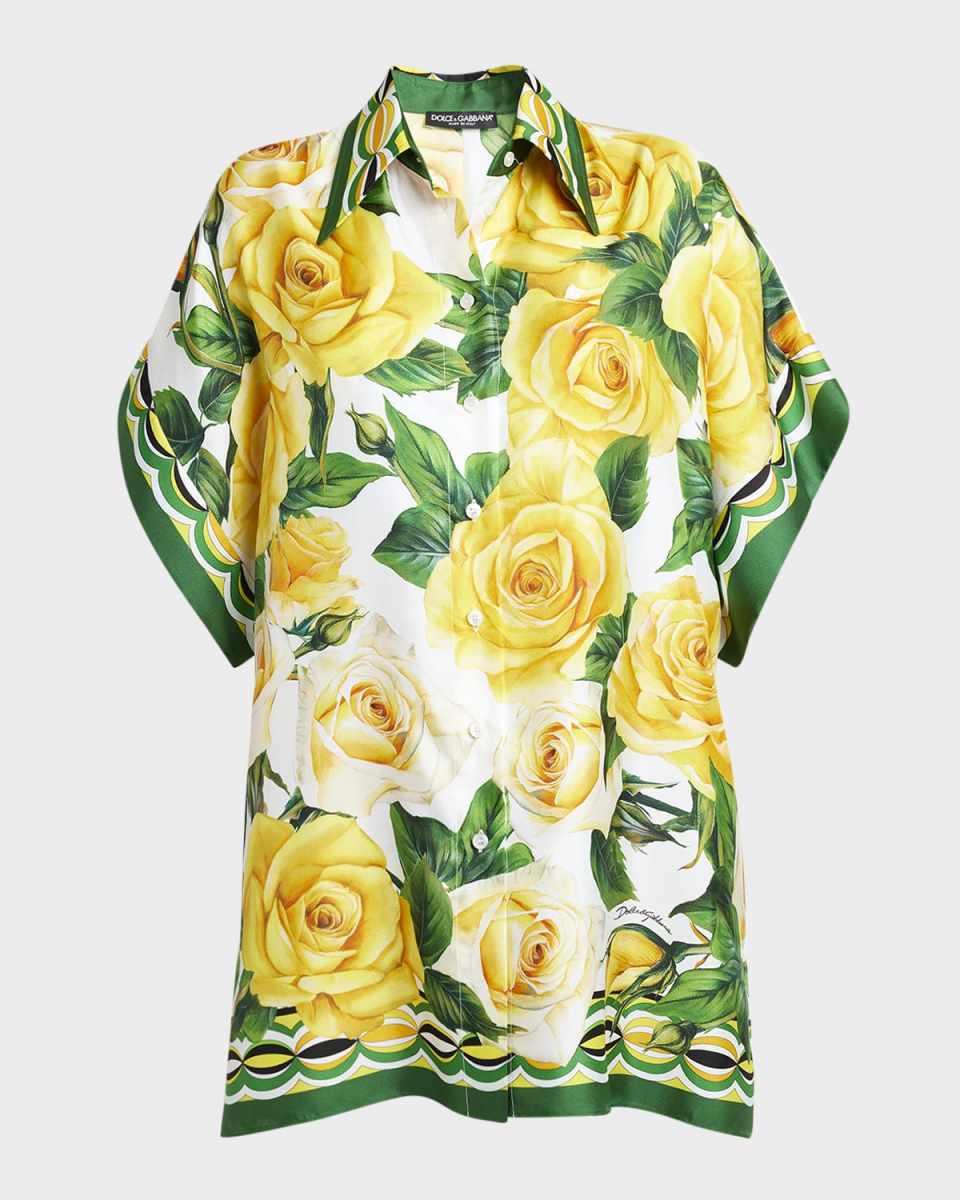 Rose-Print Silk Twill Shirt